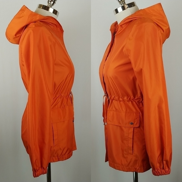 Ellen Tracy Hooded Rain Jacket XS Orange Full Zip Hip Length - Picture 3 of 8